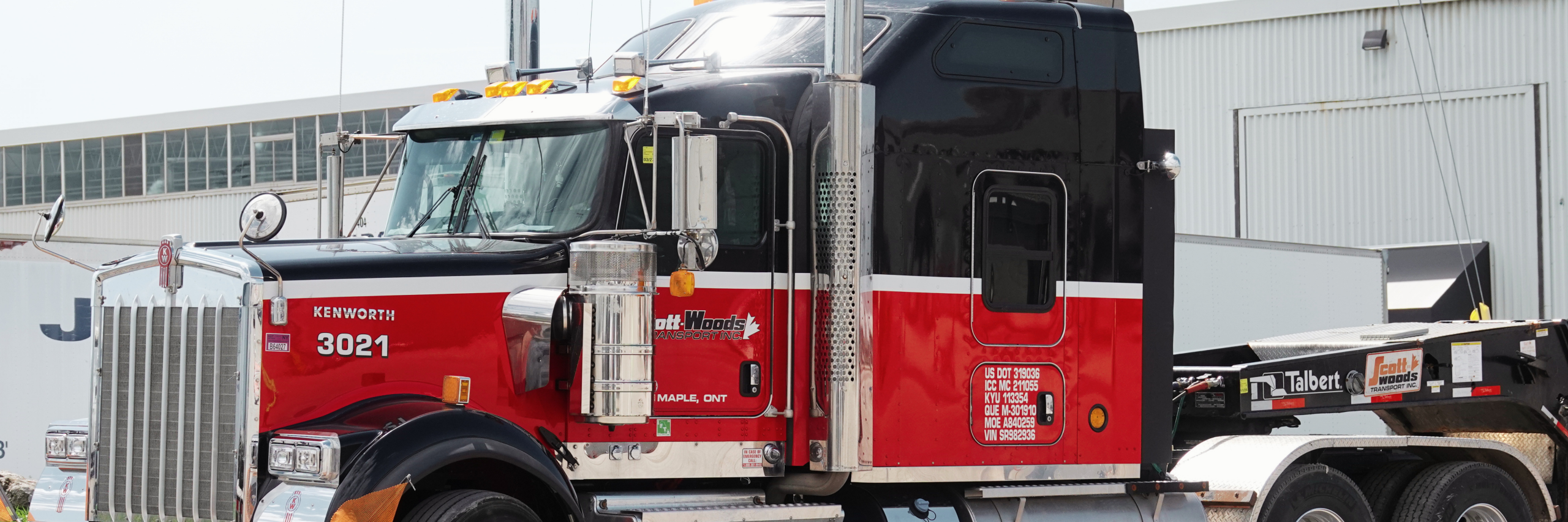 Close up view of Scott-Woods Transport heavy haul truck cab